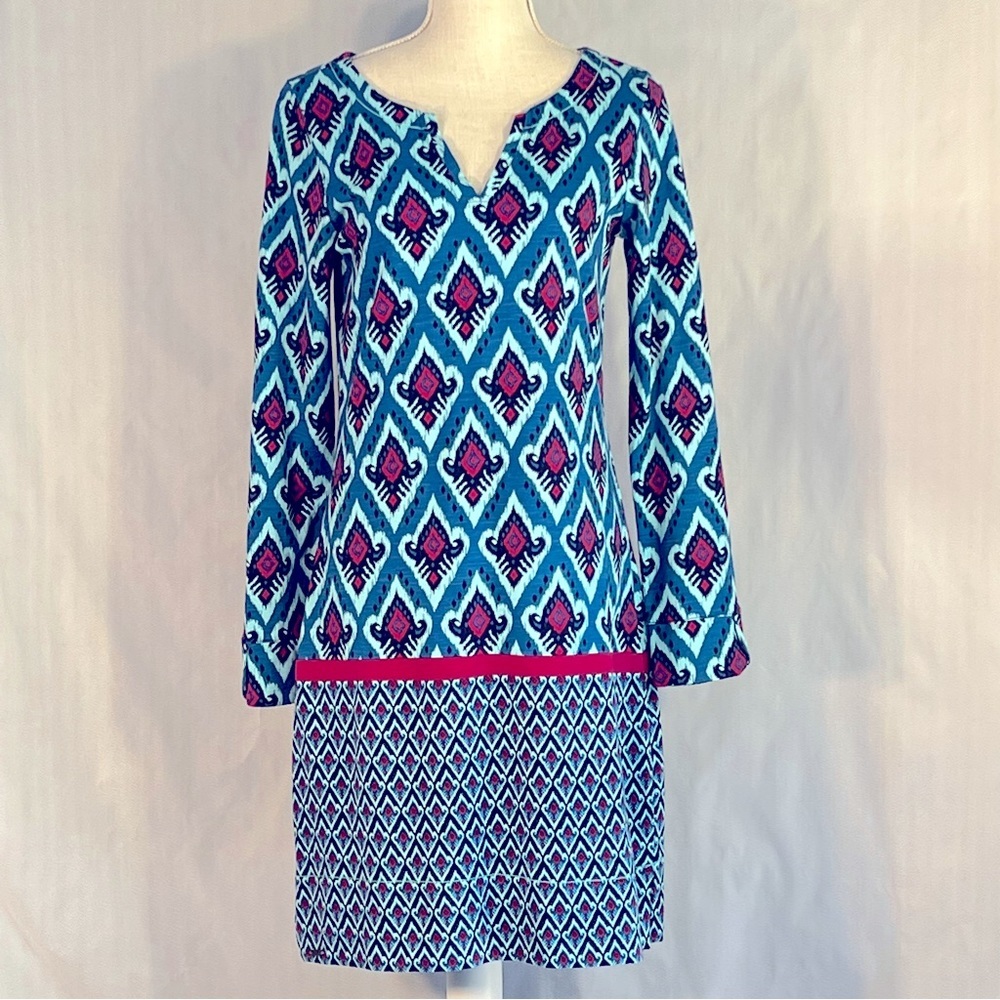 Hatley Black Blue Red 100% Cotton Long Sleeve Notch Neckline Sheath Dress S